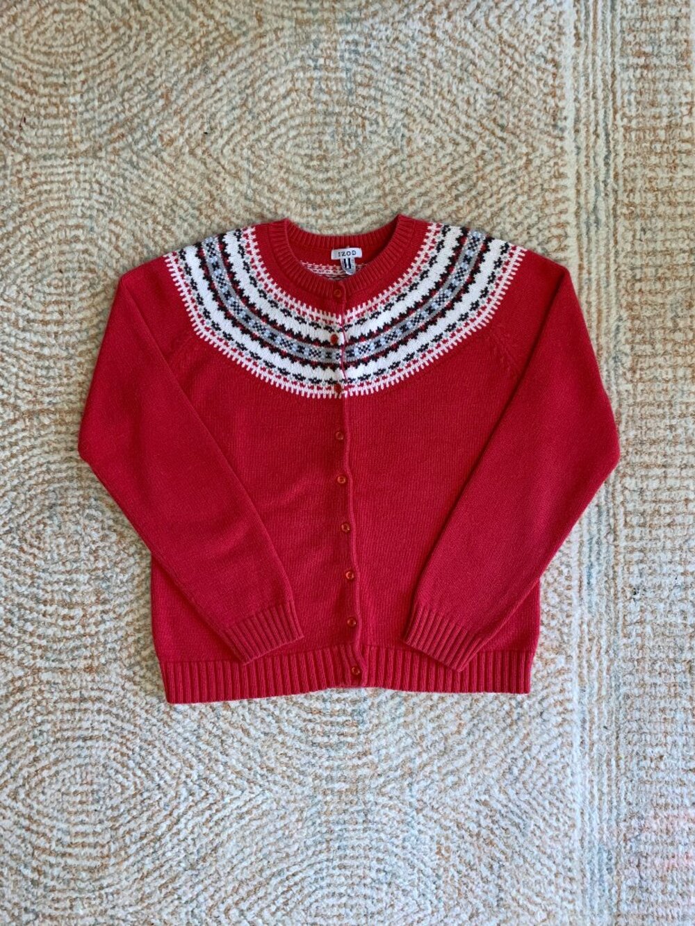 VINTAGE Izod Red Fair Isle Cardigan Sweater Cotton Women's Size M - Picture 4 of 8
